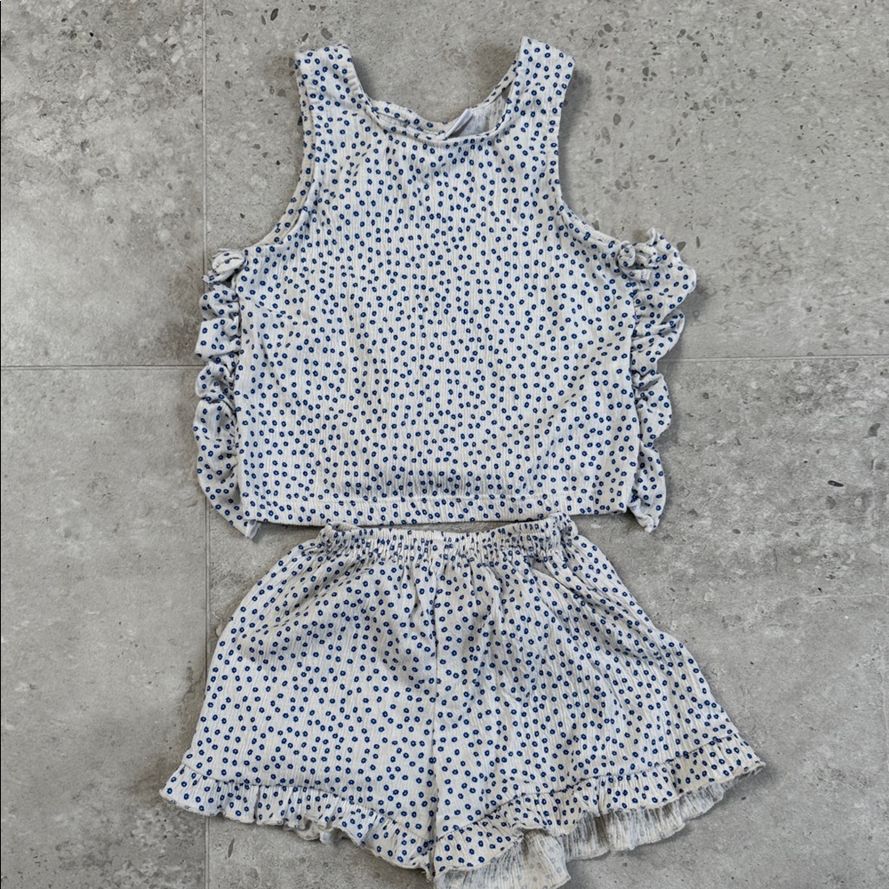 Zara White and Blue Polka Dot Ruffle Tank and Shorts Set size 5-6